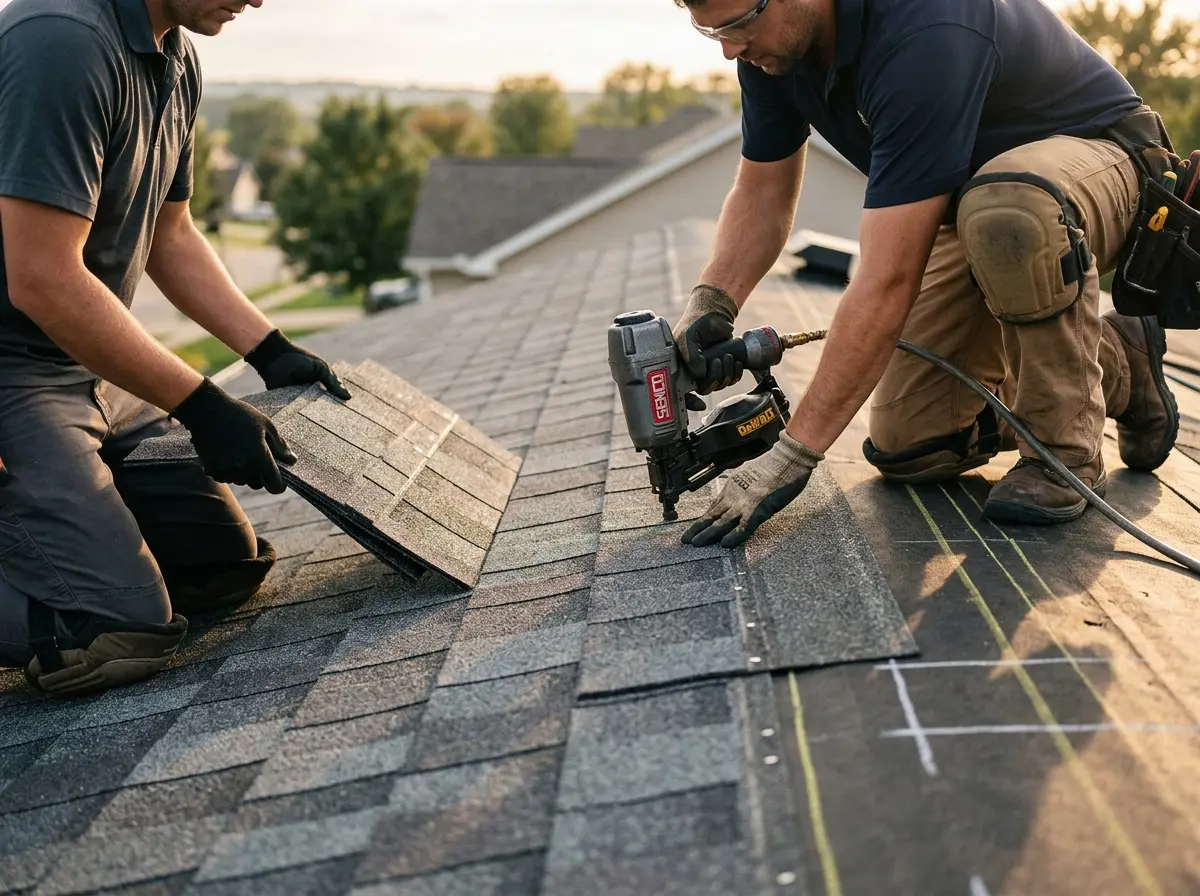 Professional roofer working on a residential roof in West Caln